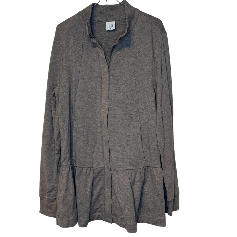 Cabi Women's Jacket Taupe Peplum Zip Mock Neck Snap Front Weekend Topper Medium - Picture 1 of 8